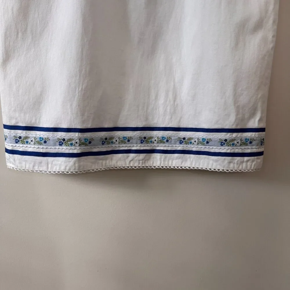 Ann Taylor LOFT White Dress with Blue Embroidered Hem Size 8